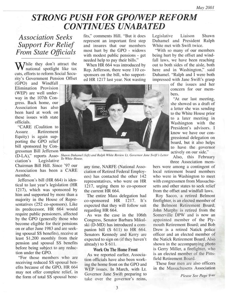 May 2001, Shawn Duhamel, former Governor Jane Swift, and Ralph White review letter to former Governor George W. Bush urging action to end the WEP & GPO laws